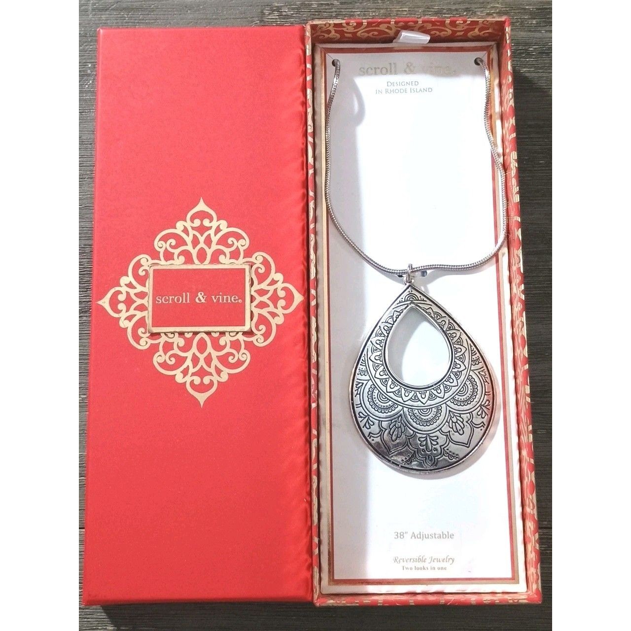 Scroll & Vine Boho Silver Tone Adjustable Large Pendant Necklace New